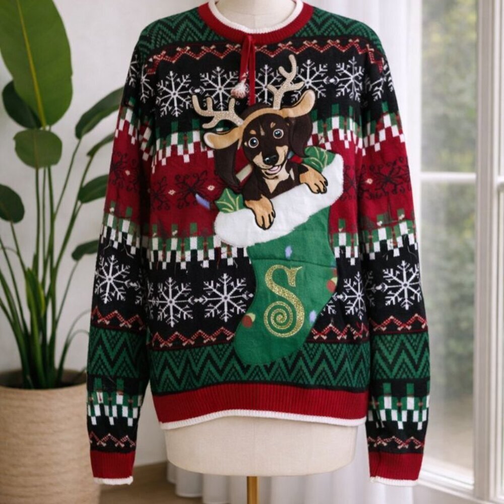 Festive Dog Christmas Sweater - Black, Red, Green Size S‎ NWT long sleeve